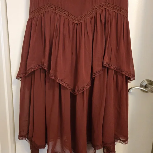 Anthropologie Boho Tiered Ruffle Midi Dress Wine Red Lace - Picture 5 of 8